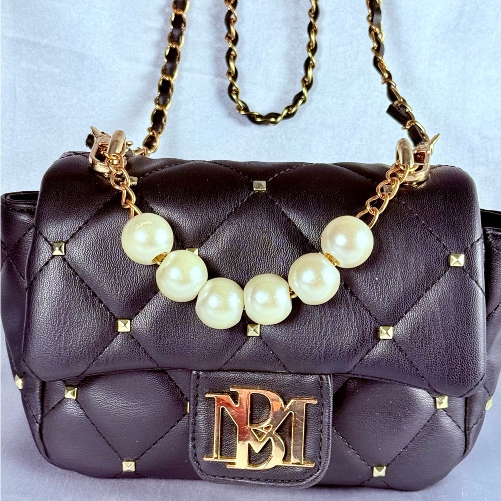 Badgley Mischka Bag Quilt Mini Flap Black & Pearls CROSSBODY Studded PURSE